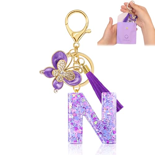 Porte-clés pour Fille Lettre, Porte-clés pour Femme avec Lettre Initiale, Alphabet Pendentif Initiale en Résine, Keyring avec Pendentif Amour et Pampille, Cadeau pour Femme (N, Purple)