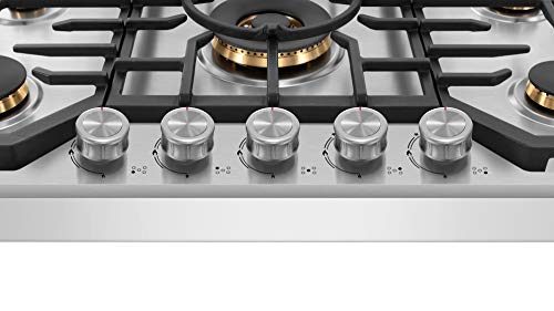 ROBAM G515 36” Gas Cooktop Stove with 5 Italian-Made DEFENDI Burners (Pure Copper) | 20,000 BTU w/Flame Failure System, Matte Cast Iron Grates (Including Wok Grate) | Natural Gas Or LPG