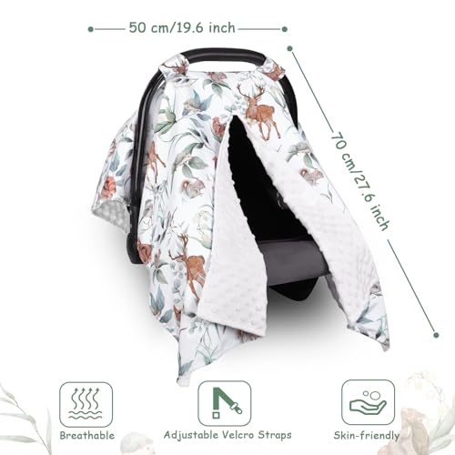 Image of TANOFAR Baby Carseat Canopy, Peekaboo Opening Car Seat Canopy for Babies, Soft and Breathable Infant Carrier Canopy, Multi-use Baby Carrier, Stroller, Nursing Cover, Minky Blanket, Animal Leaf