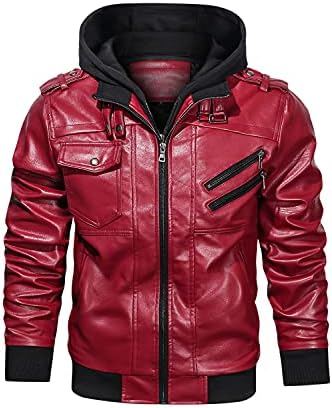 HOOD CREW Men’s Casual Stand Collar PU Faux Leather Zip-Up Motorcycle Bomber Jacket With a Removable Hood Red L