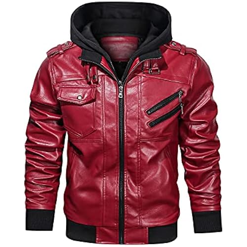 HOOD CREW Men’s Casual Stand Collar PU Faux Leather Zip-Up Motorcycle Bomber Jacket With a Removable Hood