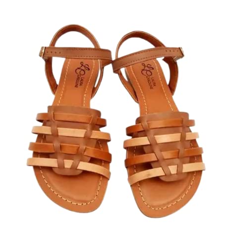 Sandália Rasteira Feminina Em Couro Tiras Bege E Marrom (35)