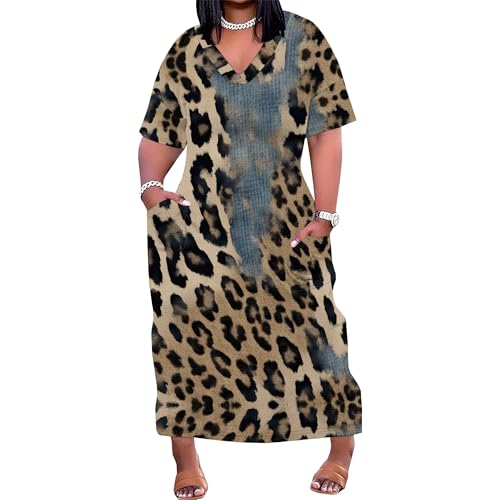 Image of SUZONANA Plus Size Denim Print Shirt Maxi Dresses for Curvy Women Casual Blue Jean Summer Outfits Long Short Sleeve Dress with Pockets Patchwork 5XL