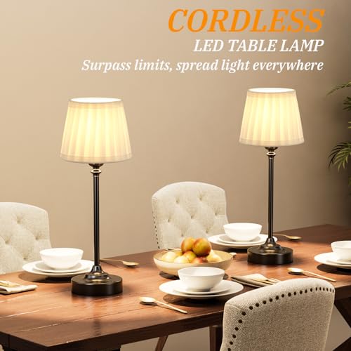 Image of Cordless Table Lamps Rechargeable Set - 2 Pack Black 4000mAH Battery Operated Lamps for Decor, 3000K Stepless Dimming Touch Control Wireless Lamps for Bedroom, Dining Table, Living Room, White Shade