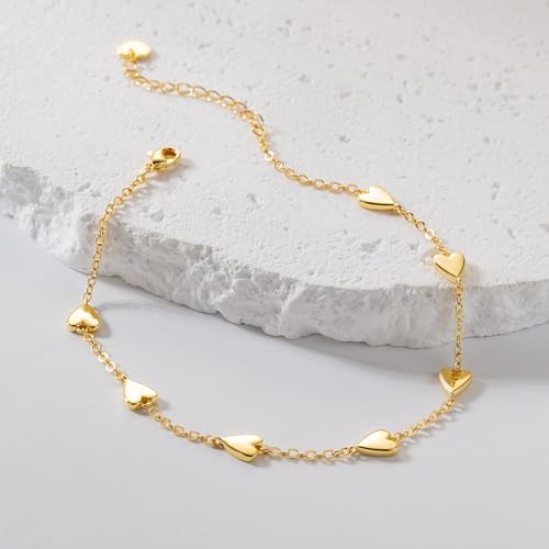 Gold Anklets for Women 14K Gold Ankle Bracelets for Women Anklet for Womens Small Heart-Shaped Pendants Ankle Bracelet for Womens Heart Anklet With Adjustable Size 9.4'' to 11''4