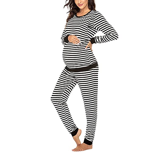 Pijama de Lactancia Invierno Ropa Premamá Embarazadas Algodón Mangas Largas (Negro,L) Cover