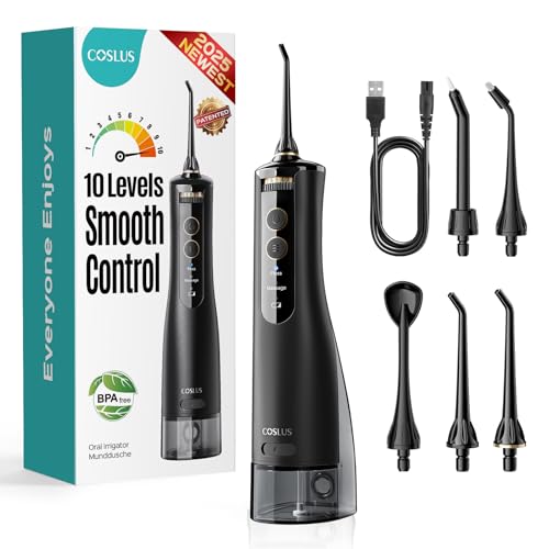 COSLUS Irrigador dental sem fios 2025 Upgraded limpador de dentes elétrico: 10 níveis de controlo suave 300 ml irrigador dental portátil recarregável irrigador bucal à prova de água (preto)