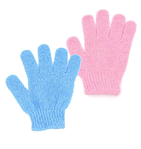 2 guantes exfoliantes en azul y rosa, guantes de ducha exfoliantes para el cuerpo, guantes exfoliantes para eliminar la piel muerta Cover