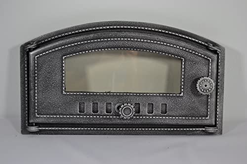 SEZAM Backofentür aus Gusseisen mit hitzebeständiger Glasscheibe, nach links öffnend, Pizzaofentür - Brotofen - Steinofentür, 48,5 x 6,5 x 27,5 cm - halbrund, altsilberne Bemalung Cover