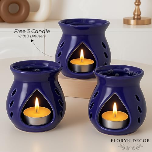 Image of Floryn Decor Ceramic Diffuser with Free 3 Tealight Candles | Home Fragrance, Spa, Office & Yoga | Aromatherapy Gift Set of 3 (Blue)