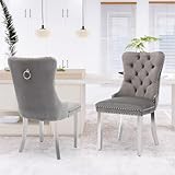 JETEAGO Velvet Dining Chair Set of 2, Upholstered Tufted Dining Room Chair with Nailhead Trim and Stainless Steel Silver Plated Leg for Kitchen, Grey