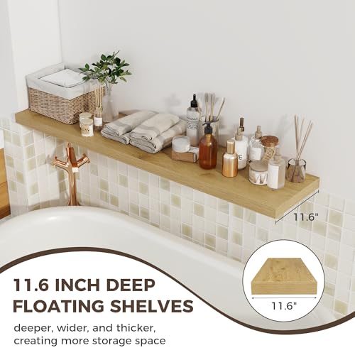 Image of Fun Memories 12 Deep Floating Shelves for Wall, 55W x 12D Extra Large Floating Shelves Set of 2, Hanging Wood Wall Shelves for Living Room, Kitchen, Bedroom, Farmhouse, Laundry Room, Office - Oak