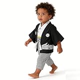 SZCQ Baby Boy Kimono Romper Suit Japanese Costumes Infant Cotton Samurai Outfits Black+White S(9-12M)