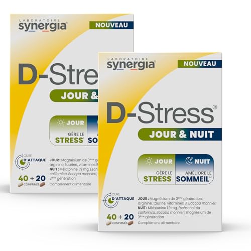 D-STRESS JOUR & NUIT LOT de 2X40 Comprimés JOUR et 2X20 Comprimés NUIT | Gère le Stress le Jour et Améliore le Sommeil la Nuit | Agit en continu 24H/24 | LABORATOIRE SYNERGIA