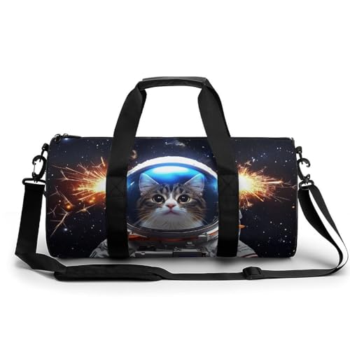Cute Cat in Astronaut Suit Travel Gym Bag for Women Men Cylindrical Duffle Bag Sport Workout Bag with Shoulder Strap