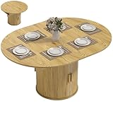 HOMCOM 43.3" to 59" Extendable Dining Table for 4-6, Farmhouse Round Kitchen Table with Double Shelves and Fluted Sliding Doors, for Family Dining Room, Natural Wood