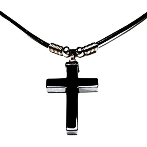 Accents Kingdom 18" Men's Stylish Black Hematite Cross Pendant Leather Cord Necklace Cover