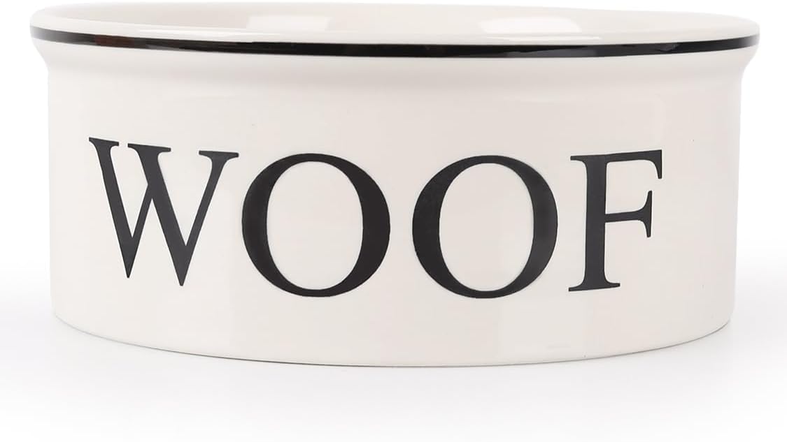 Ceramic Dog Bowl with Bone Pattern - 8" Extra Large Food Water Dog Bowl for Medium and Large Dogs, Weighted Dog Bowl, Microwave & Dishwasher Safe, 55 oz (Beige) Off-white