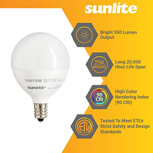 Sunlite 82041 Led G16.5 Light Bulb, 5 Watts (40W Equivalent), 350 Lumens, 90 Cri, Candelabra Base (E12), Frost, Dimmable, Energy Star, Title-20 Compliant, Etl Listed, 3000K Warm White, 6 Pack #TOP2