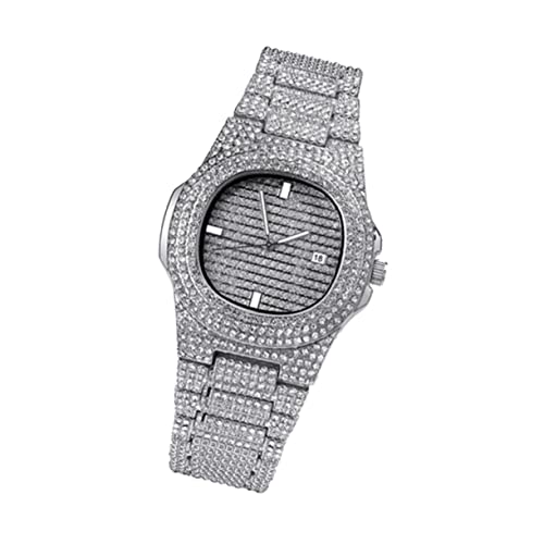 TINEASUR クォーツムーブメント搭載 ラインストーン ジルコン ファッション腕時計 メンズ シルバー ヒップポップデザイン 耐久性のあるブレスレットウォッチ 日常使い お出かけ 普段着合わせ