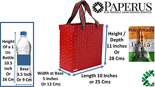 Image of Paperus, Medium, Red, Lunch Bag, Tiffin Basket for Office, Handbag, Carry Bag, Travel Bag, Eco-Friendly, Handmade, of Paper Ropes, in Inches 11 Height, 12 Length & 6 Wide Base