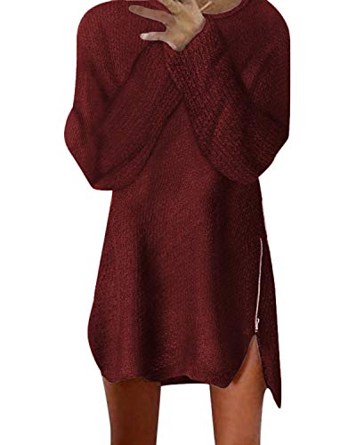 Dorimis Women Long Sleeve Top Midi Shirt Dress Pullover Sweater Side Zipper Loose Blouse Wine Red US 4/Asian S