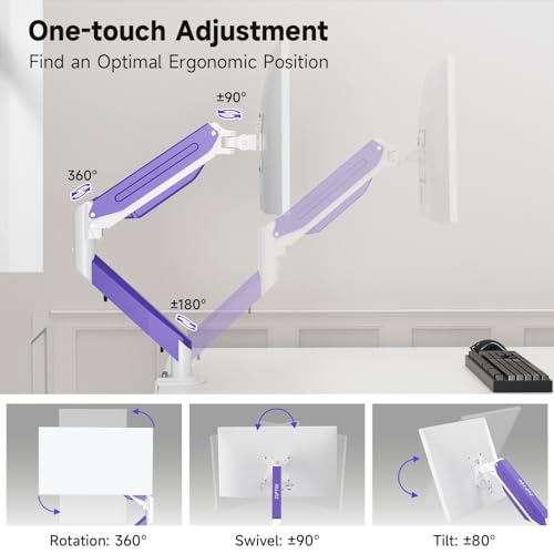 Image of Suptek Monitor Mount Gas Spring Monitor Arm Desk Mount Fully Adjustable Fits 17 20 22 23 24 26 27 32 35 inch Monitors Weight Capacity up to 24.25 lbs (White+Purple, 17 inch-35 inch)