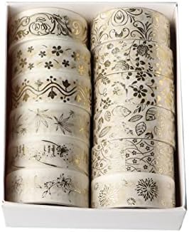 Armelaudin Washi Tape Set 12 Rolls - 15 mm Wide, Gold Blocking Decorative Pattern and Pure White Tape, Japanese Masking Tape Decorate Your Scrapbook, DIY, Scrapbooking, Gift Wrapping, Bullet Journal