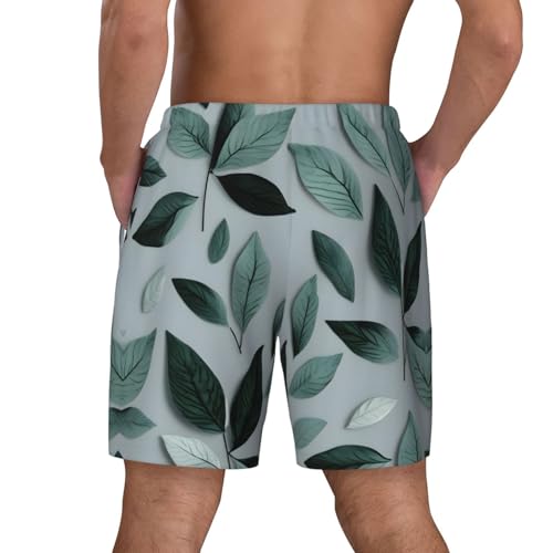Mint Gray Leaf Print Mens Swim Shorts Trunks Inseam Compression Liner Quick Dry Zipper Pocket4