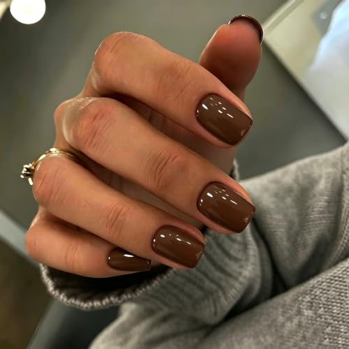 KXAMELIE Brown Press on Nails Short Square, Natural Gel Nails Glue on Fall Colors 2026 Trendy Acrylic Nails Press ons Featured Protective Coat Reusable Fake Nails Short Nails 24 Pcs