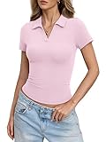 EasyGala Womens Cotton Polo Shirts Short Sleeve V Neck Fitted Tee Summer Going Out Tops Collared Business Casual Outfits Pink M