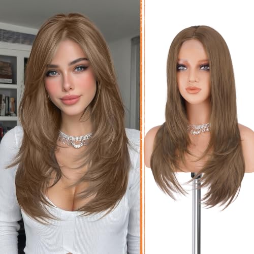 Haloo Auburn Wig with Curtain Bangs - Lace Front Hairline Middle Part Long Layered Natural Looking Straight Synthetic Hair Wigs for Women Daily Party, 24 Inch Medium Auburn