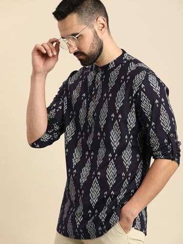 Image of Zombom Men's Cotton Polyester Blend Solid Regular Fit Full Sleeve Printed Short Kurta | Ethnic, Lightweight Summer Kurta for Daily & Occasion Use | Men's Trendy Short Kurta