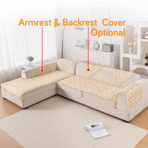 Image of HOKIPO Sunlit Butterfly L Shape (3+2 Seater) Sofa Seat Mat with Tassel| Quilted Sofa Cover Mat, 'Tassel Twigs' Series (IN-984-T3 + IN-986-T3)
