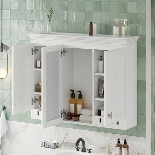 Armario de almacenamiento para baño Merax de 36" x 28", montado en pared, con espejo | Armario de medicamentos de estilo country para baño con puertas de cierre suave, estantes ajustables y armario sobre inodoro miniatura 3