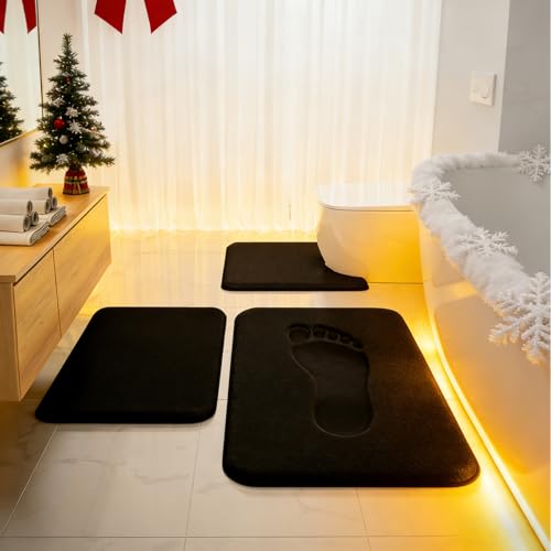 Black Bathroom Rug Set Memory Foam Bath Mats 3 Piece with Toilet Mats, Soft & Supportive, Shock Absorbing, Water Absorbent, Non-Slip Bath Rugs, Machine Washable, Area Rug, Home Decor Accessories
