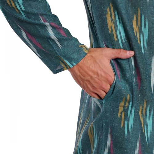 Image of SKAVIJ Men's Pure Cotton Printed Kurta Pajama Set Ikat Design Casual Ethnic Dress