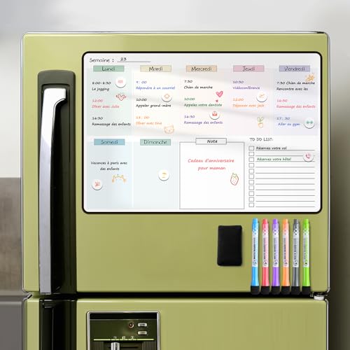 MCCORL Calendrier Magnetique Organisateur Tableau Frigo, Planning Semaine Magnetique, Planificateur de Menus/Repas, Planificateur Hebdomadaire, 42×28cm effacable en Français – vue 2