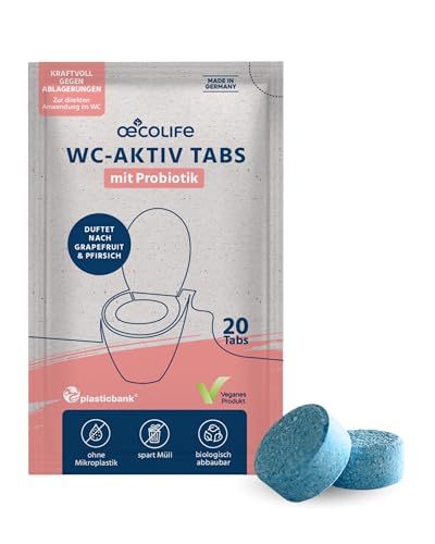 œcolife WC-Tabs, 20 Stück, biologisch abbaubar, plastikfrei verpackt, Duft nach Grapefruit und Pfirsich, WC-Reiniger Tabs, Toiletten Aktiv Tablette, effektive Reinigung mit Probiotik