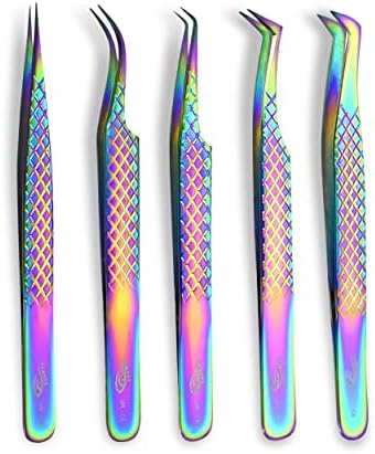 ZAMAHA UK Lash Eyelash Extension Tweezers Set of 5, Japanese Stainless Steel Tools Straight Curved 45 90 Degree Angled Tip, Volume Tweezers Precision (Rainbow Multi)