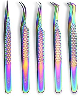 ZAMAHA UK Lash Eyelash Extension Tweezers Set of 5, Japanese Stainless Steel Tools Straight Curved 45 90 Degree Angled Tip, Volume Tweezers Precision (Rainbow Multi)