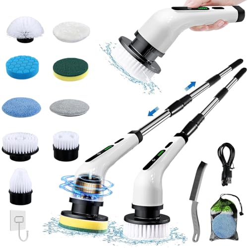 Cepillo De Limpieza Electrico, Limpiador Giratorio Eléctrico con 9 Cabezales De Cepillo De Repuesto, Fregadora Giratoria Eléctrica con Mango Ajustable para Baño, Suelo de Baldosas y Coche - Blanco