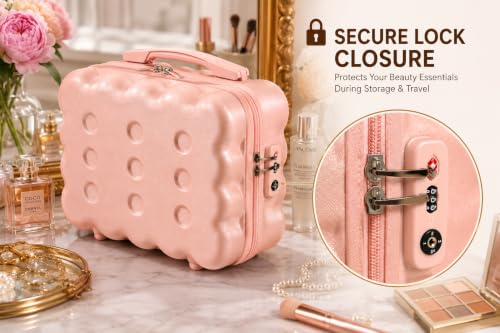 Image of BLUE BEADS Travel Makeup Case with Lock & Luggage Strap, ABS Hard Shell Cosmetic Vanity Case, Portable Makeup Organizer for Women, Beauty Storage Box for Makeup & Toiletries (Blush Peach, Model 2)
