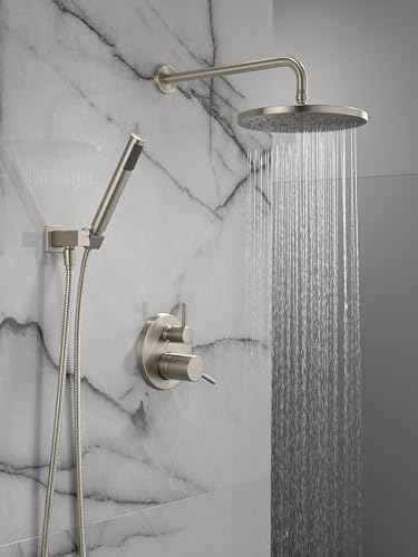 Image of Delta Modern 14 Series Round Rain Shower System Faucet Set, Rainfall Brushed Nickel Shower Head and Handle Set, Valve Trim Kit, 10 Inch, Spotshield Stainless 342702-SP
