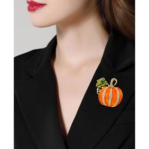 Image of Rhinestone Pumpkin Brooch Pin for Women, Halloween Thanksgiving Gold Tone Enamel Green Leaf Brooches Lapel Pins Cute Autumn Holiday Festival Hat Bag Suit Dress Jewelry Souvenir