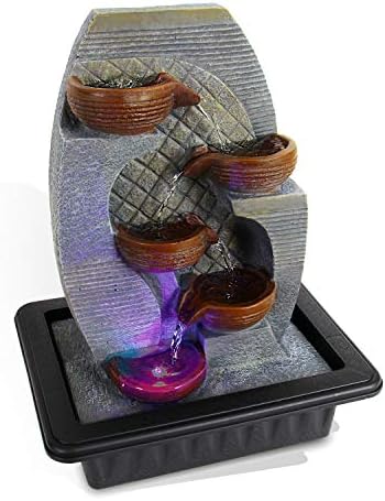 Electric Meditation Water Fountain Decor - 4-Tier Cool Portable Desktop Tabletop Decorative Indoor Outdoor Zen Waterfall Decoration w/LED, Submersible Pump and Power Adapter - SereneLife AZSLTWF87LED