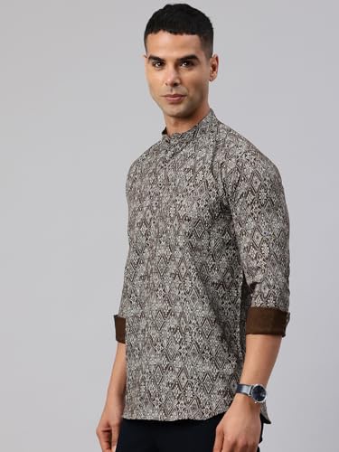 Image of Majestic Man Men's Pure Cotton Printed Mandarin Collar Regular Fit Roll-Up Sleeves Short Kurta