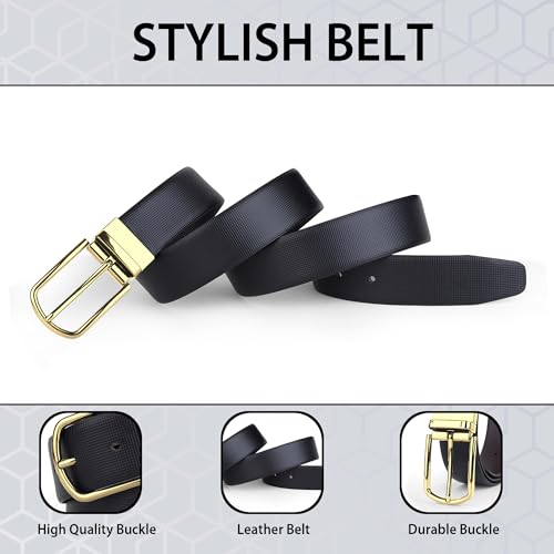 Image of Belts for Men Leather Original, Reversible Black & Brown Formal & Casual Italian Leather Belt with Attached Metal Curved Buckle
