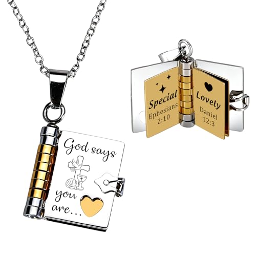 Eulalia Eclogue Christian Bible Verse Book Necklace for Women Religious Graduation Gifts for Daughter Girls Christian Confirmation Gift for Women Religious Necklace Baptism Gifts for Daughter