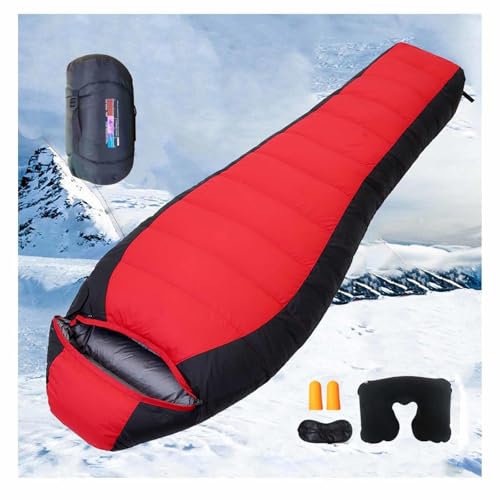 シュラフ 冬用 ホワイトダックダウン90% -15℃の使用可能 、 シュラフ コンパクト トラベルピロー アイマスク 耳栓 収納袋付 、 アウトドア用,red-800g